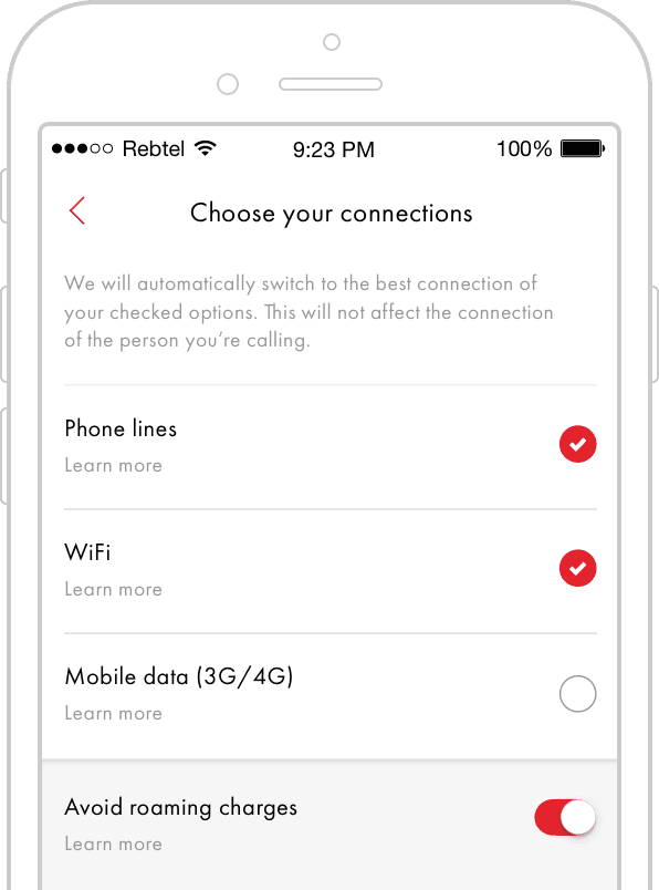 Screenshot of the Rebtel application on a mobile phone